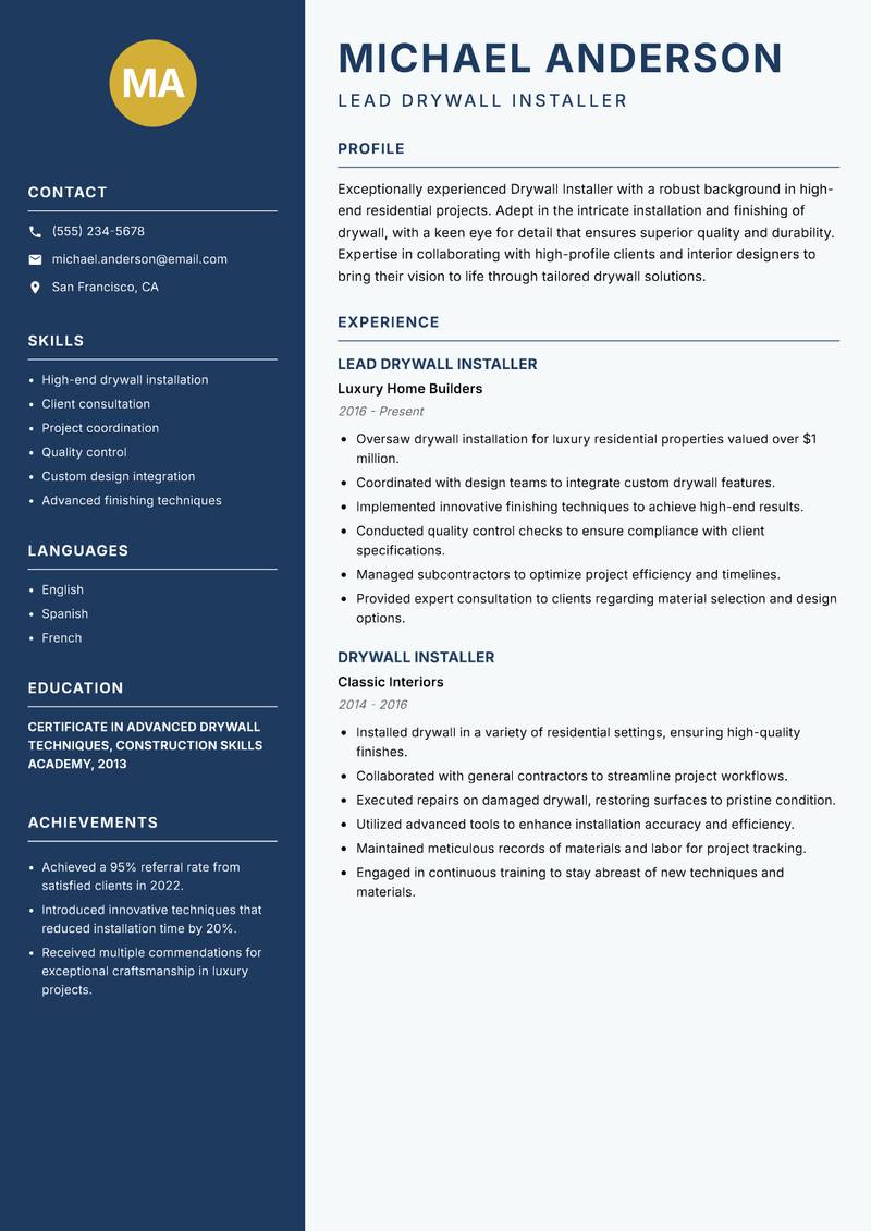 Drywall Installer resume sample — Lead Drywall Installer focus