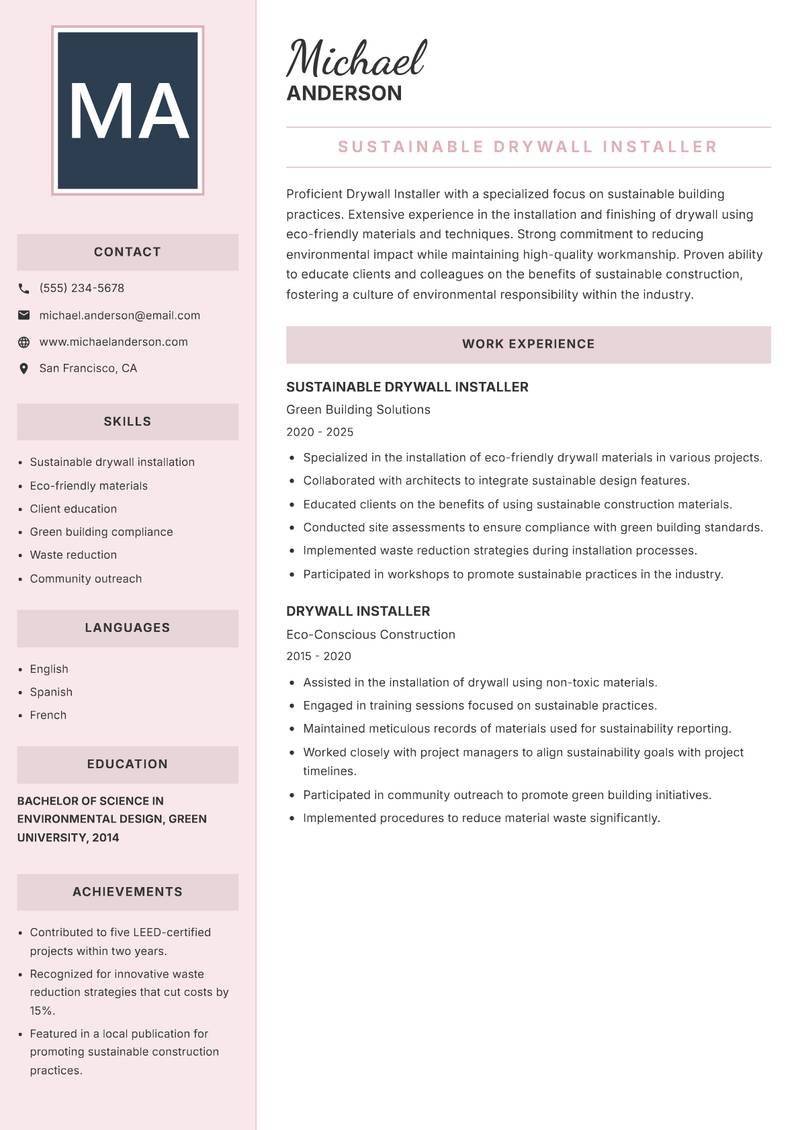 Drywall Installer resume sample — Sustainable Drywall Installer focus