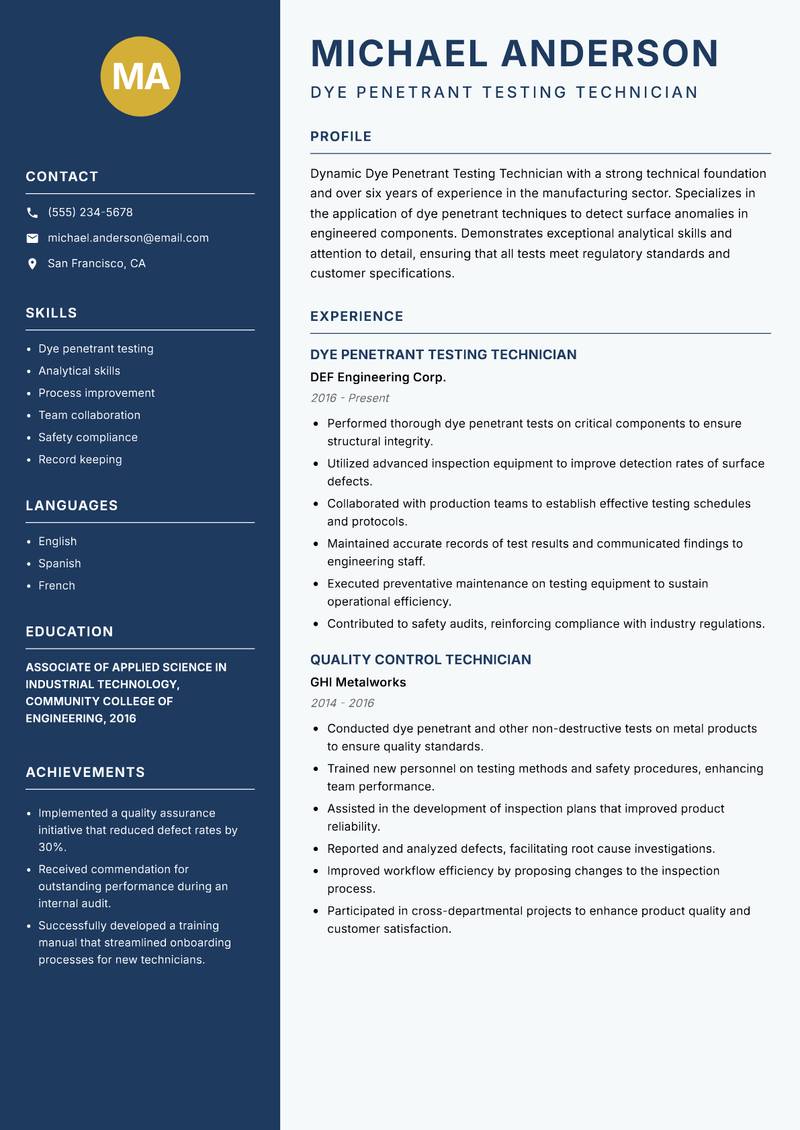 Dye Penetrant Testing Technician resume sample — Dye Penetrant Testing Technician focus