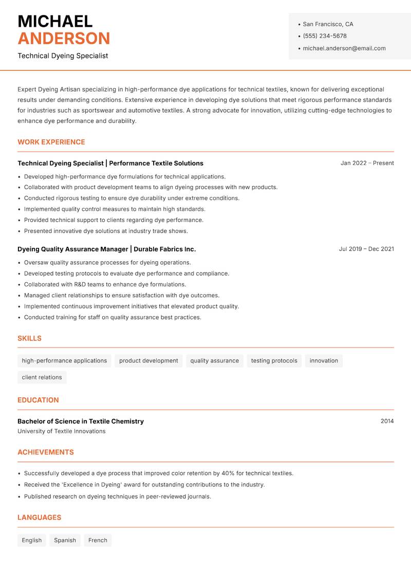 Dyeing Artisan resume sample — Technical Dyeing Specialist focus