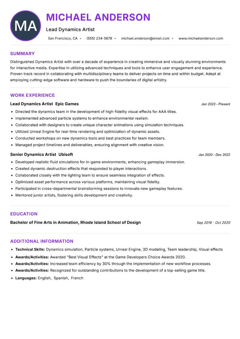 Dynamics Artist resume example