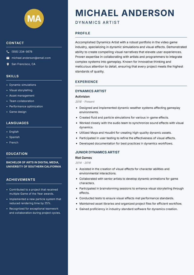Dynamics Artist resume sample — Dynamics Artist focus