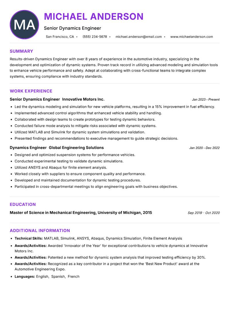 Dynamics Engineer resume example