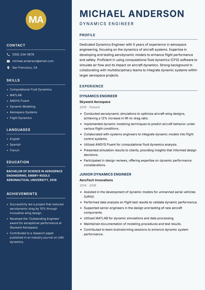 Dynamics Engineer resume sample — Dynamics Engineer focus