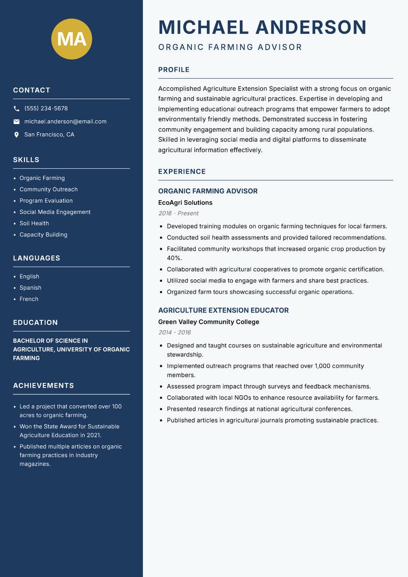 e Agriculture Extension Specialist resume sample — Organic Farming Advisor focus