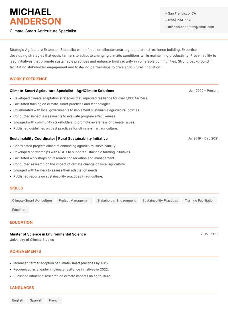 e Agriculture Extension Specialist resume sample — Climate-Smart Agriculture Specialist focus