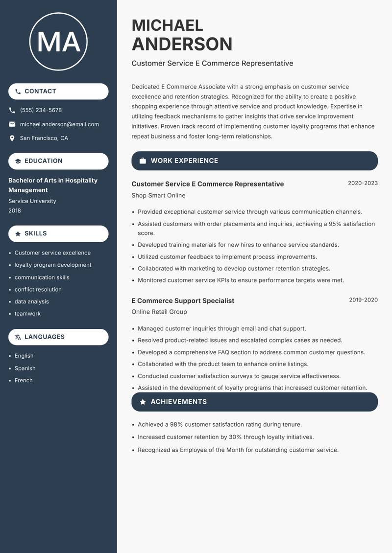 E Commerce Associate resume sample — Customer Service E Commerce Representative focus