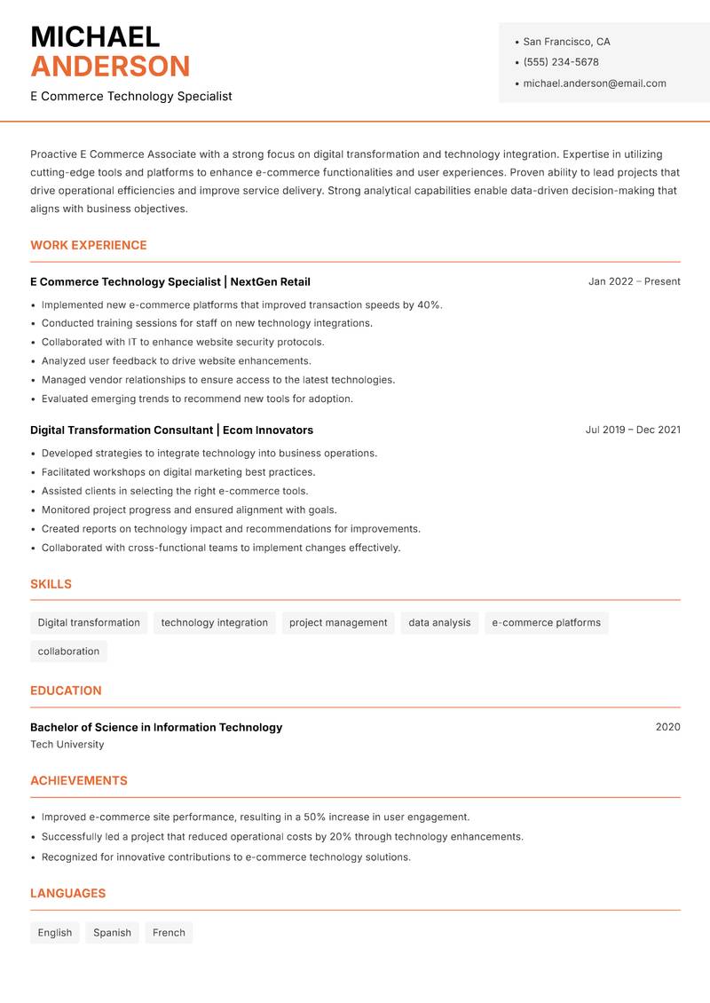 E Commerce Associate resume sample — E Commerce Technology Specialist focus