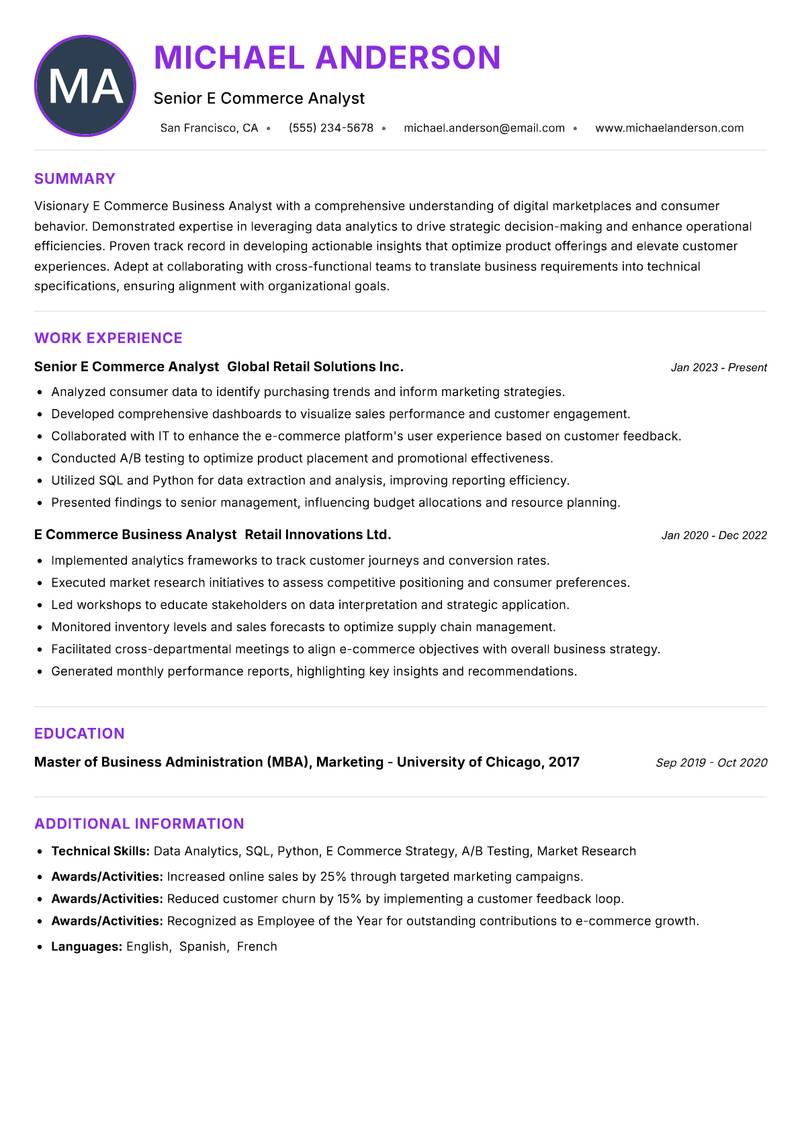 E Commerce Business Analyst resume example
