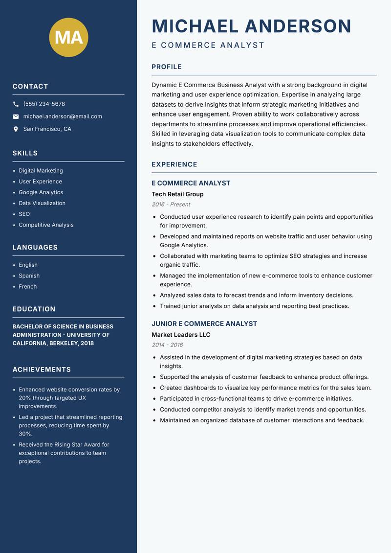 E Commerce Business Analyst resume sample — E Commerce Analyst focus
