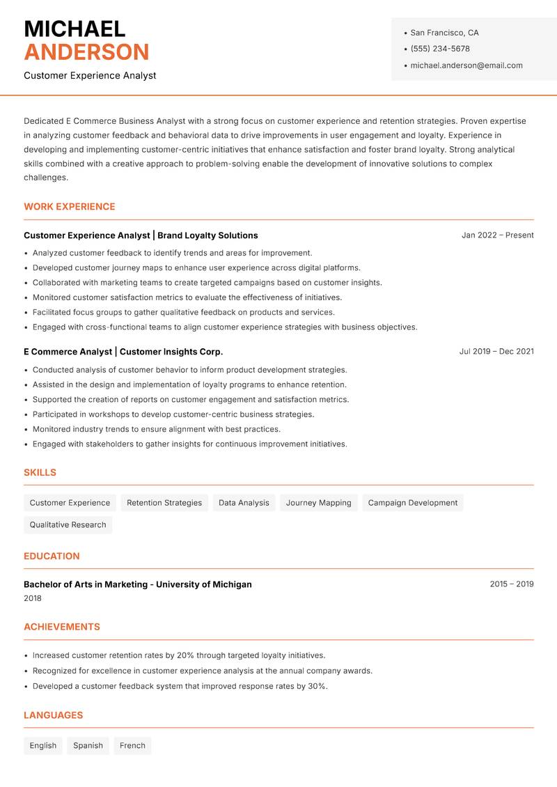 E Commerce Business Analyst resume sample — Customer Experience Analyst focus
