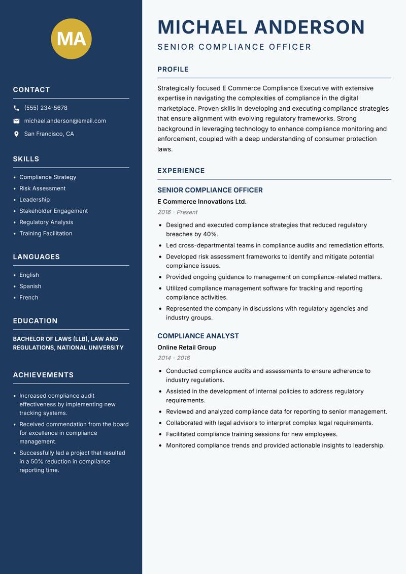 E Commerce Compliance Executive resume sample — Senior Compliance Officer focus