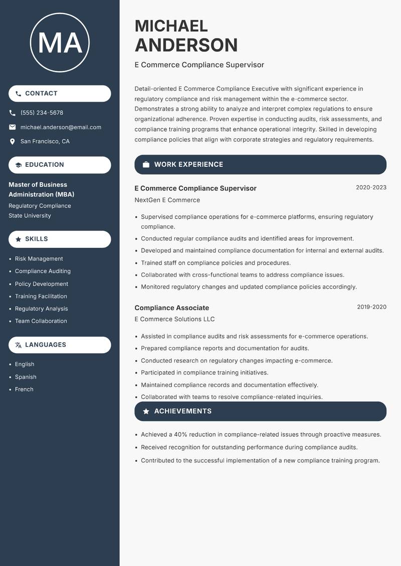 E Commerce Compliance Executive resume sample — E Commerce Compliance Supervisor focus