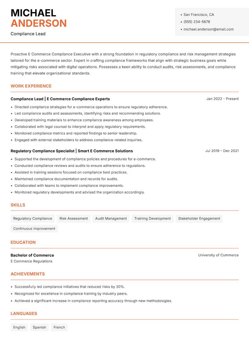E Commerce Compliance Executive resume sample — Compliance Lead focus