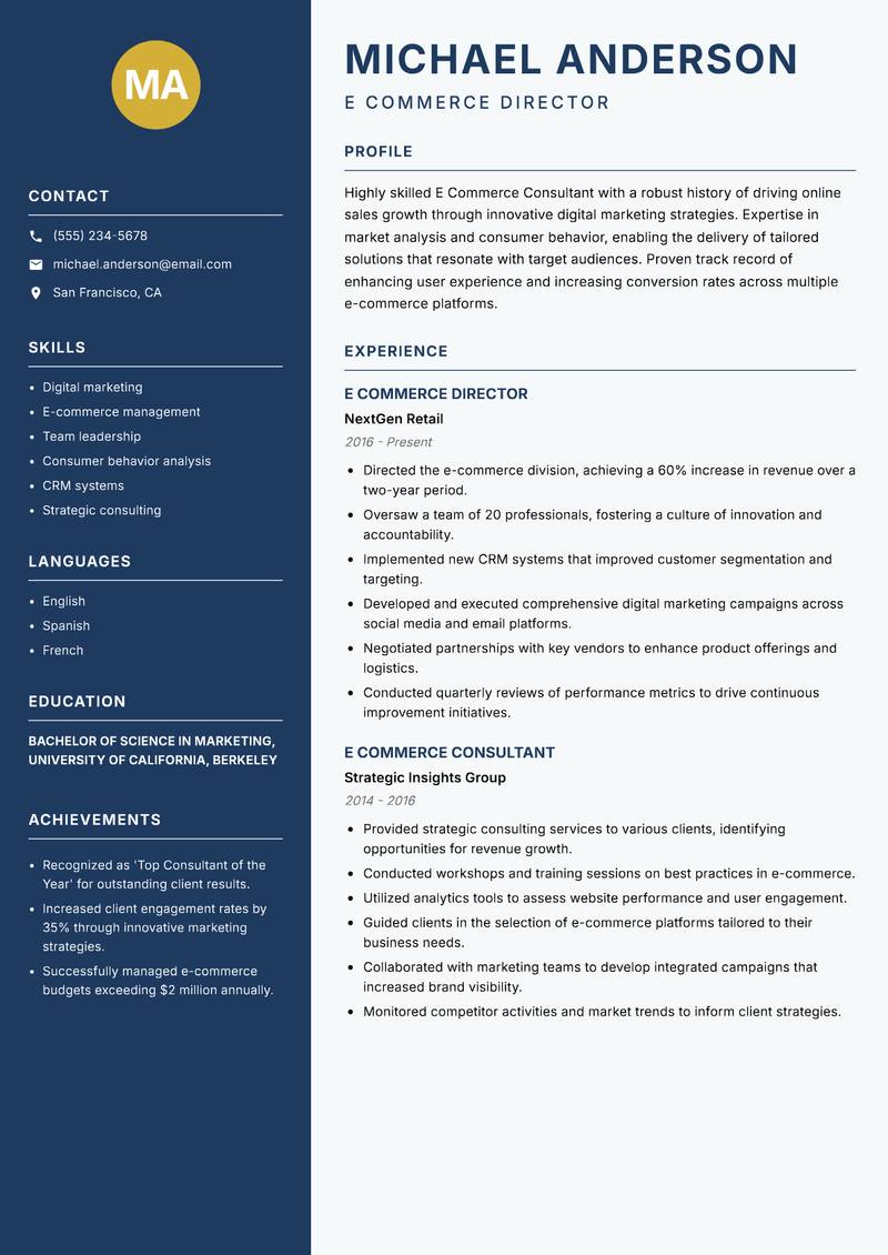 E Commerce Consultant resume sample — E Commerce Director focus