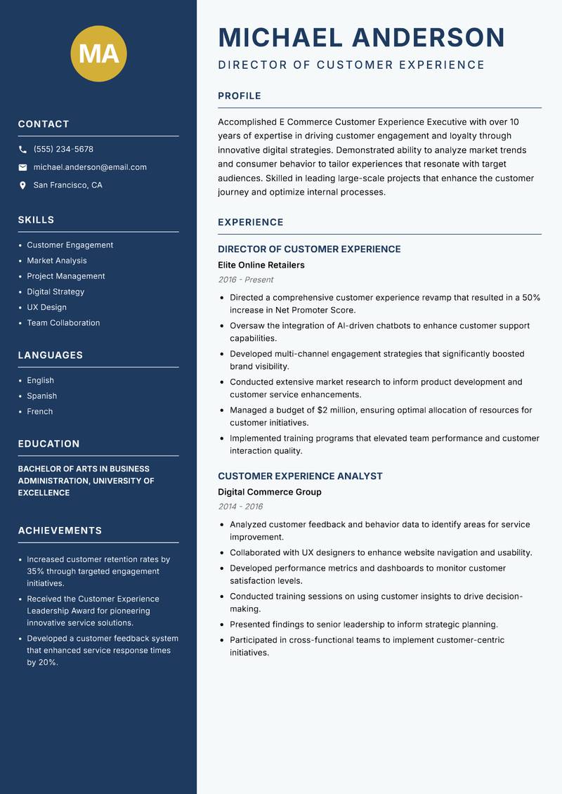 E Commerce Customer Experience Executive resume sample — Director of Customer Experience focus