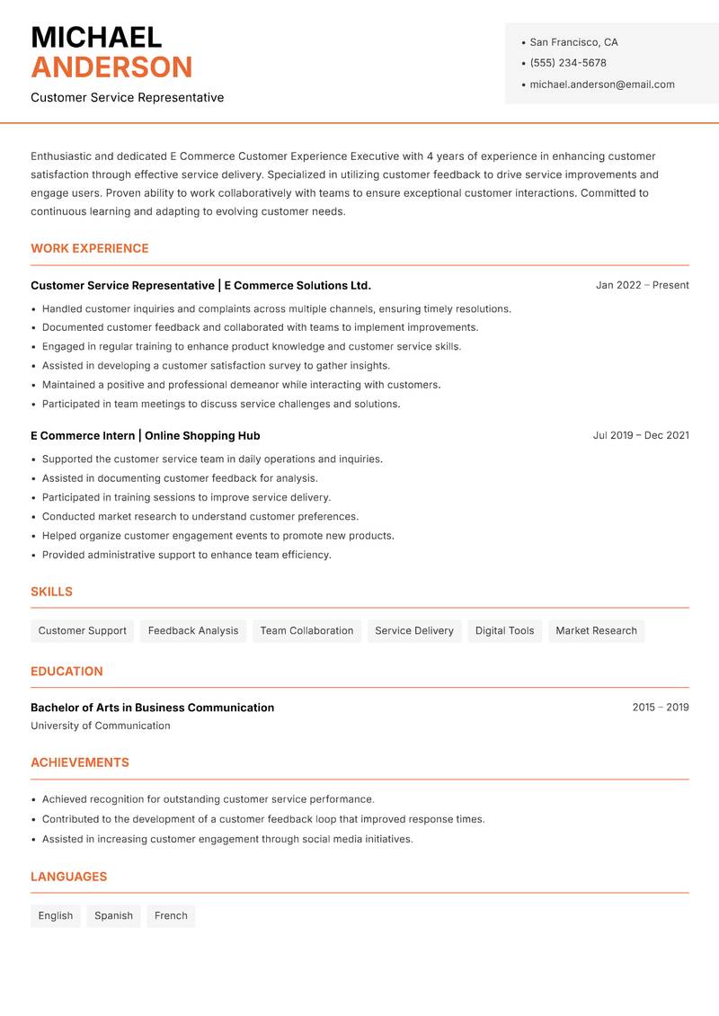 E Commerce Customer Experience Executive resume sample — Customer Service Representative focus