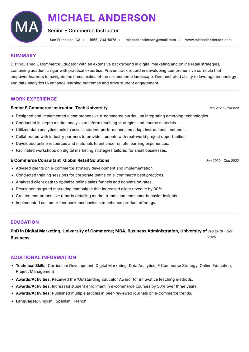 E Commerce Educator resume example
