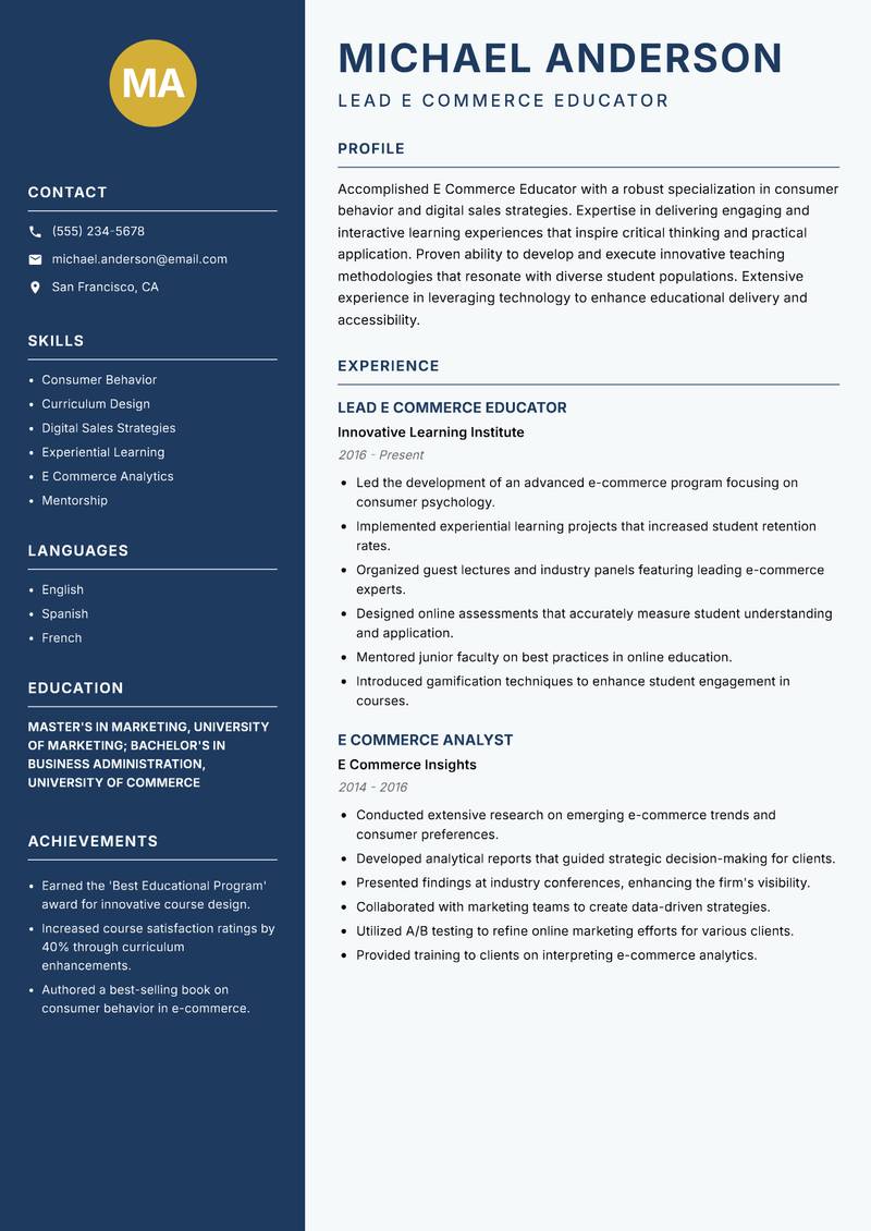 E Commerce Educator resume sample — Lead E Commerce Educator focus