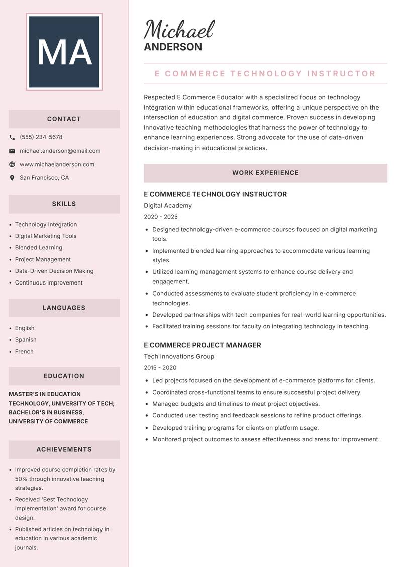 E Commerce Educator resume sample — E Commerce Technology Instructor focus