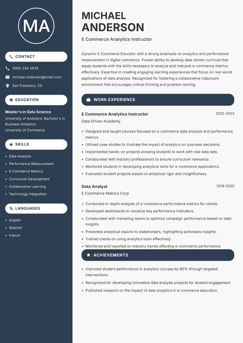 E Commerce Educator resume sample — E Commerce Analytics Instructor focus