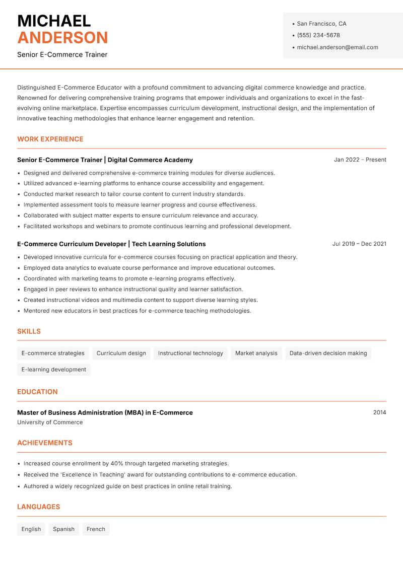 E Commerce Educator resume sample — Senior E-Commerce Trainer focus