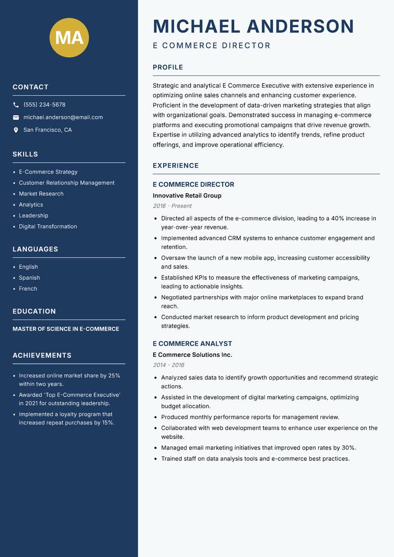 E Commerce Executive resume sample — E Commerce Director focus