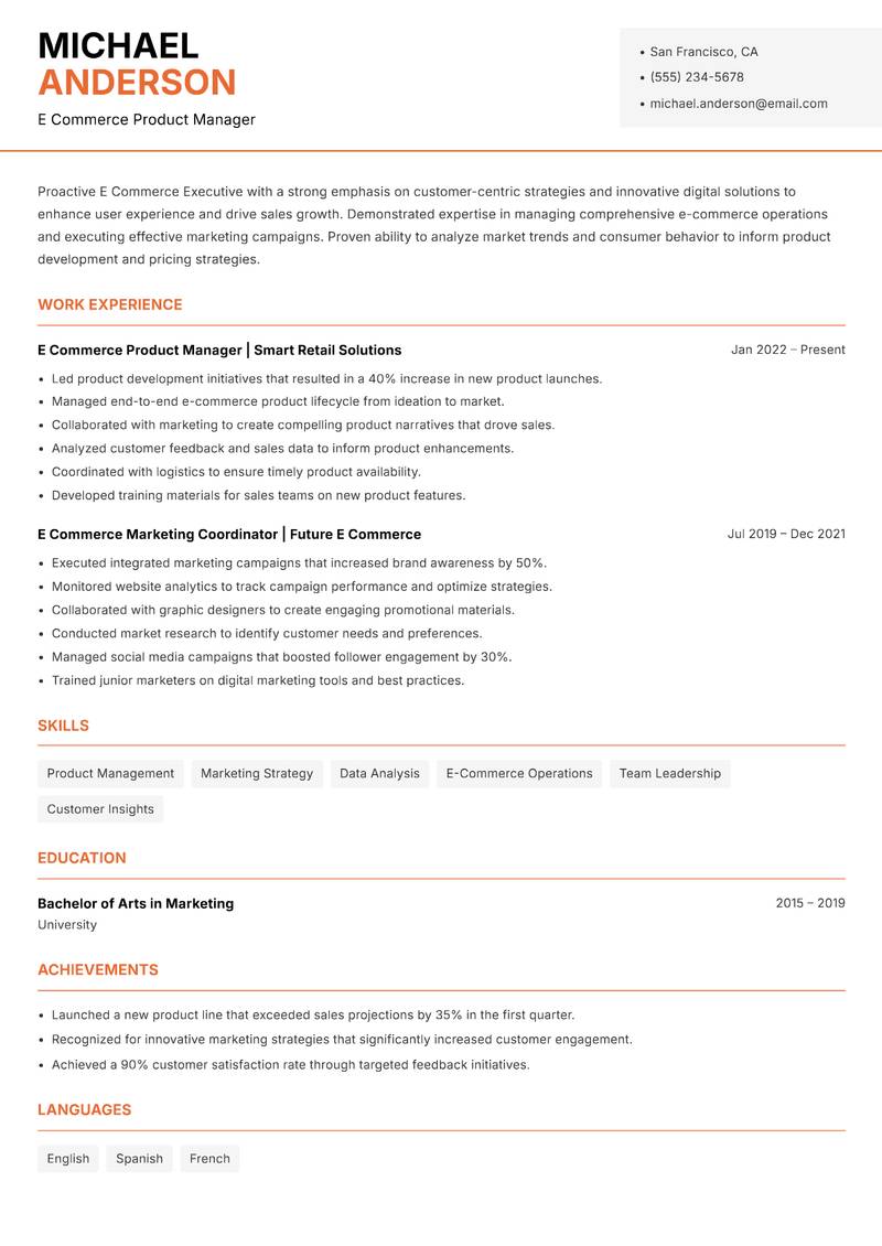 E Commerce Executive resume sample — E Commerce Product Manager focus