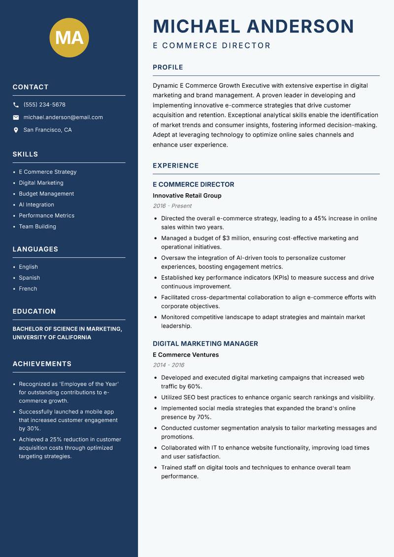 E Commerce Growth Executive resume sample — E Commerce Director focus