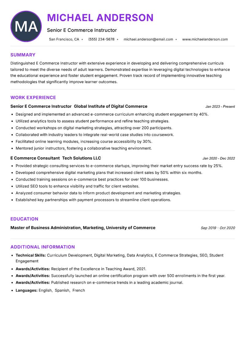 E Commerce Instructor resume example