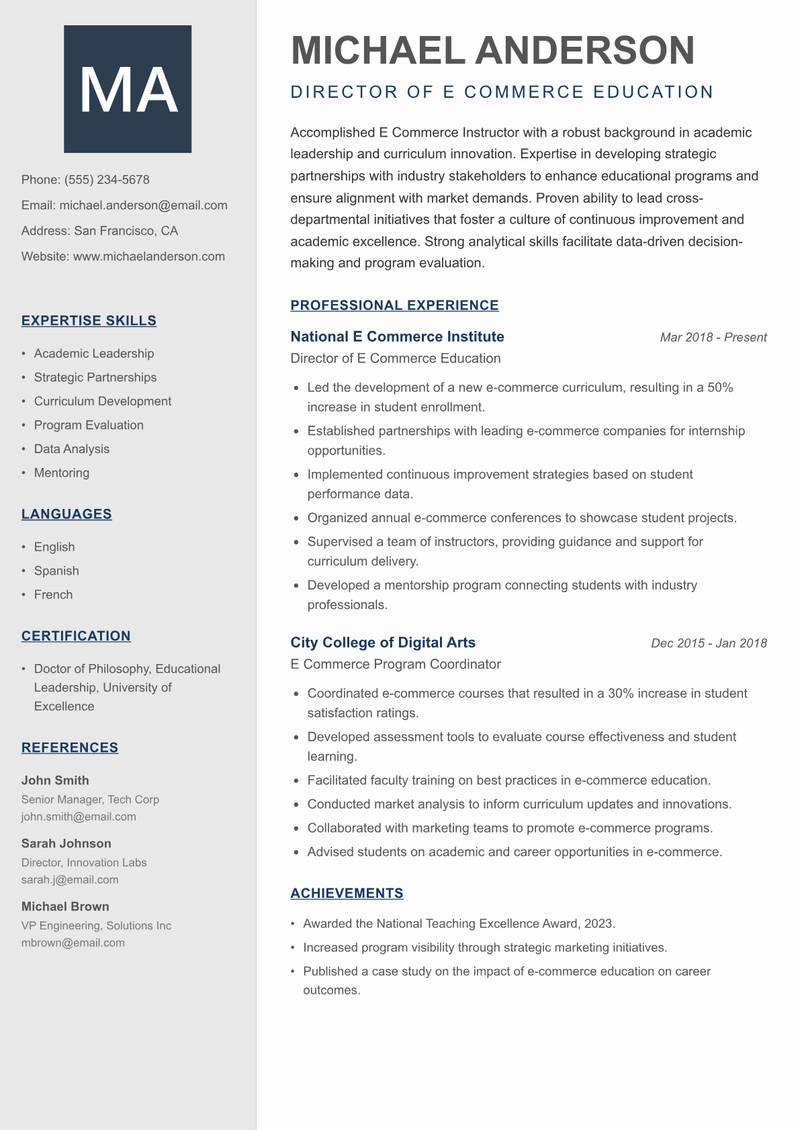 E Commerce Instructor resume sample — Director of E Commerce Education focus