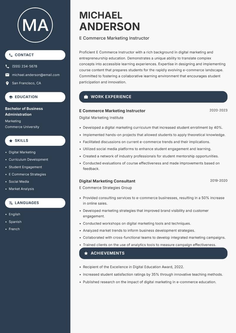 E Commerce Instructor resume sample — E Commerce Marketing Instructor focus