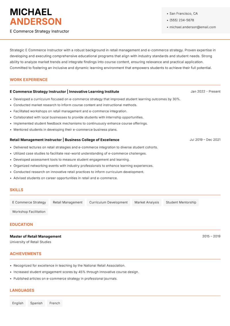 E Commerce Instructor resume sample — E Commerce Strategy Instructor focus