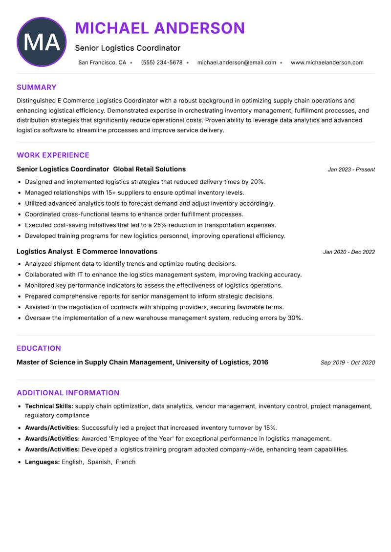 E Commerce Logistics Coordinator resume example