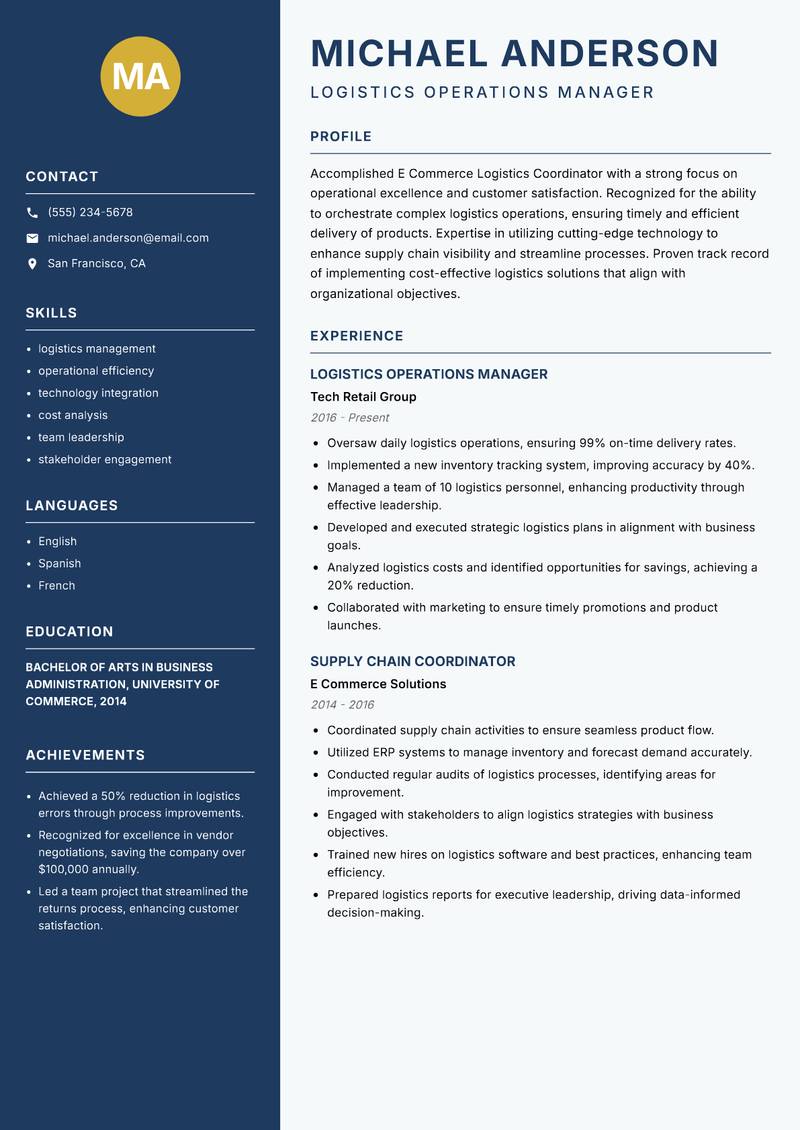 E Commerce Logistics Coordinator resume sample — Logistics Operations Manager focus