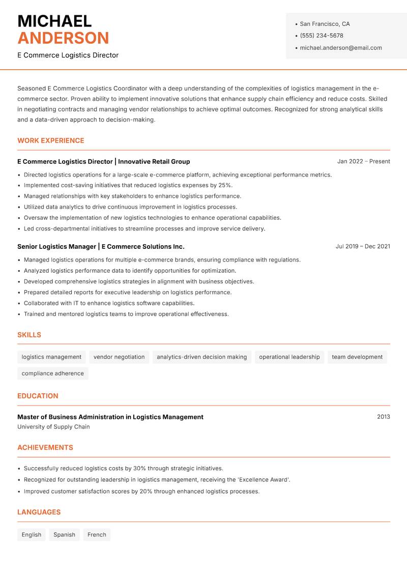 E Commerce Logistics Coordinator resume sample — E Commerce Logistics Director focus