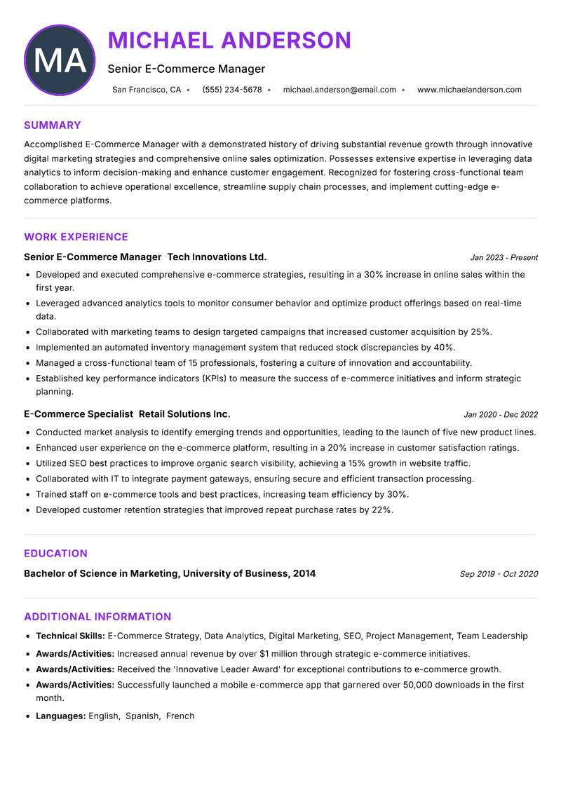 E Commerce Manager resume example