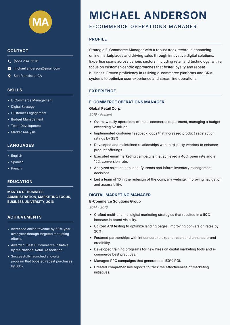 E Commerce Manager resume sample — E-Commerce Operations Manager focus