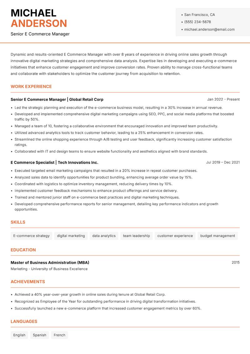 E Commerce Manager resume sample — Senior E Commerce Manager focus