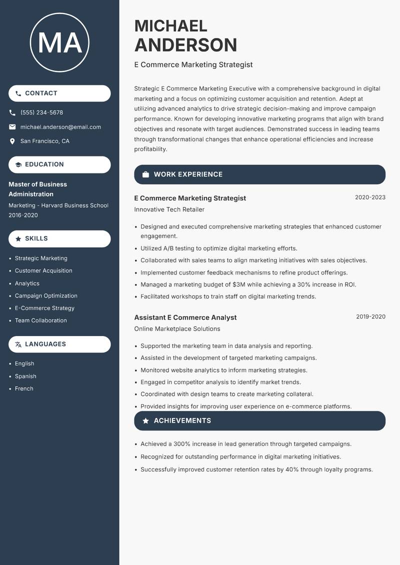 E Commerce Marketing Executive resume sample — E Commerce Marketing Strategist focus