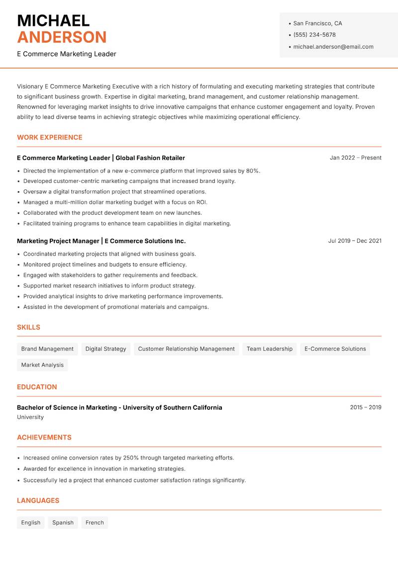 E Commerce Marketing Executive resume sample — E Commerce Marketing Leader focus