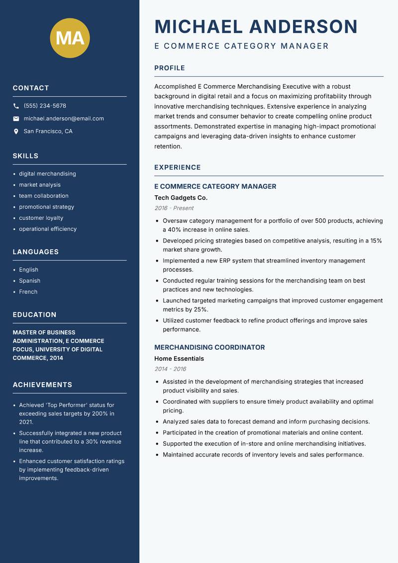 E Commerce Merchandising Executive resume sample — E Commerce Category Manager focus