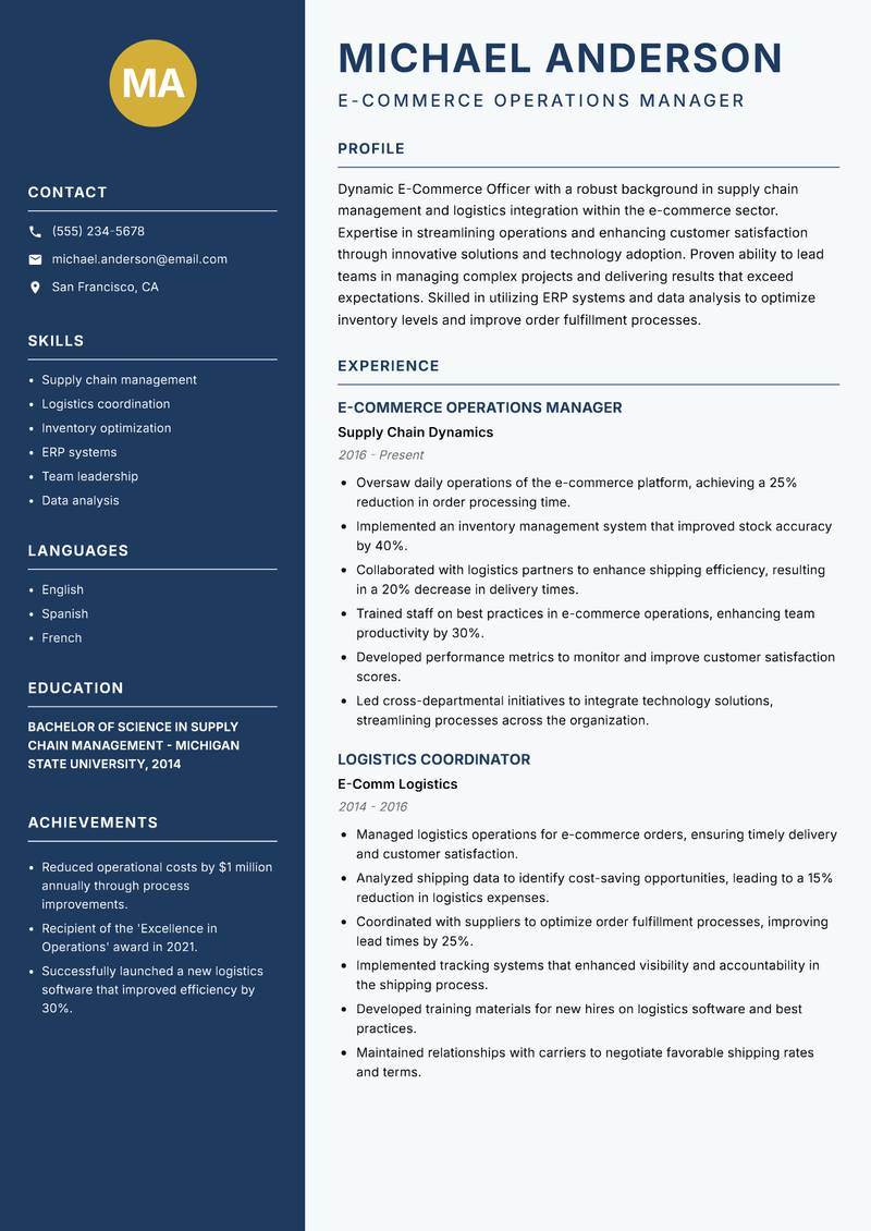 E Commerce Officer resume sample — E-Commerce Operations Manager focus
