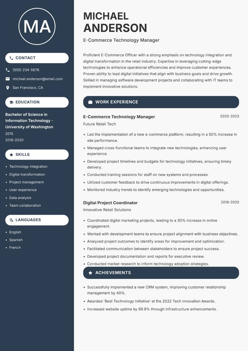 E Commerce Officer resume sample — E-Commerce Technology Manager focus
