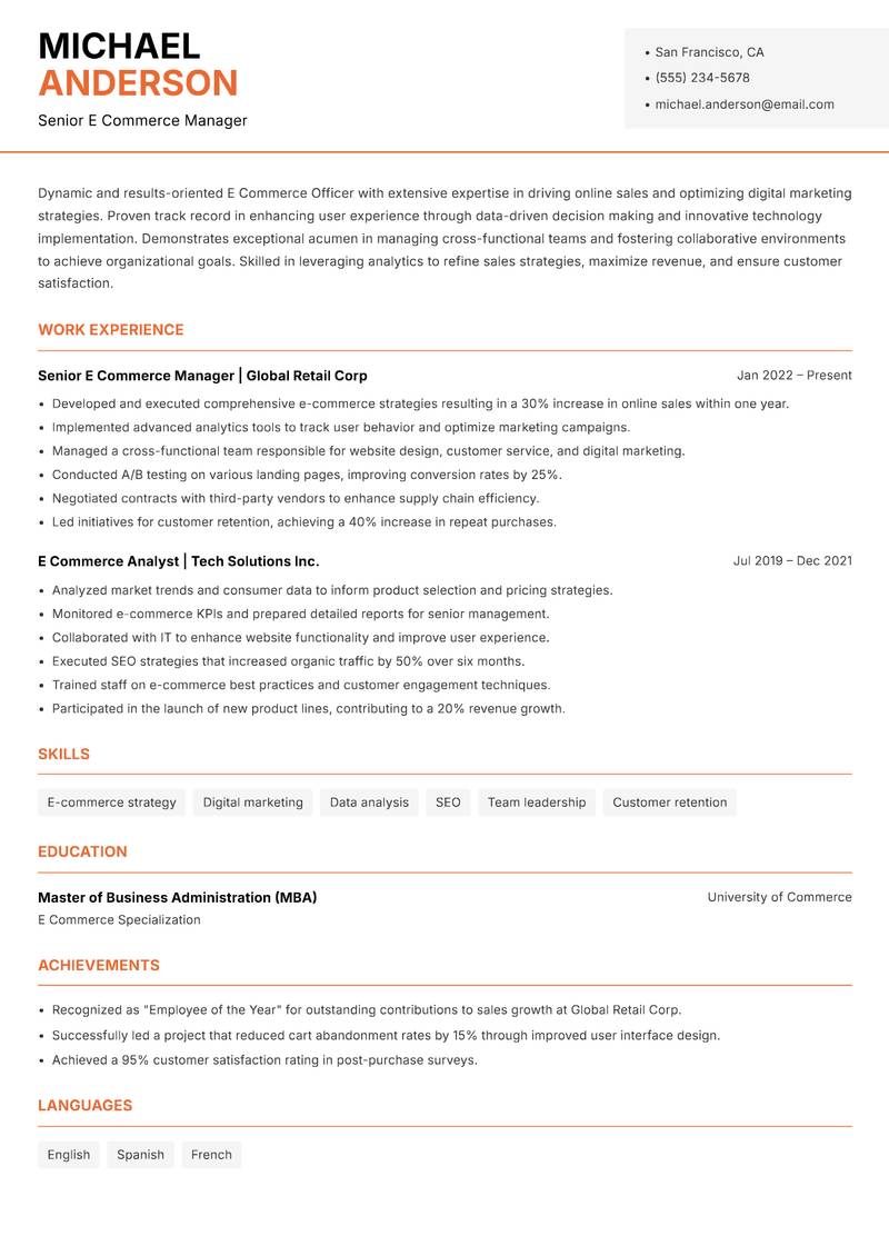 E Commerce Officer resume sample — Senior E Commerce Manager focus