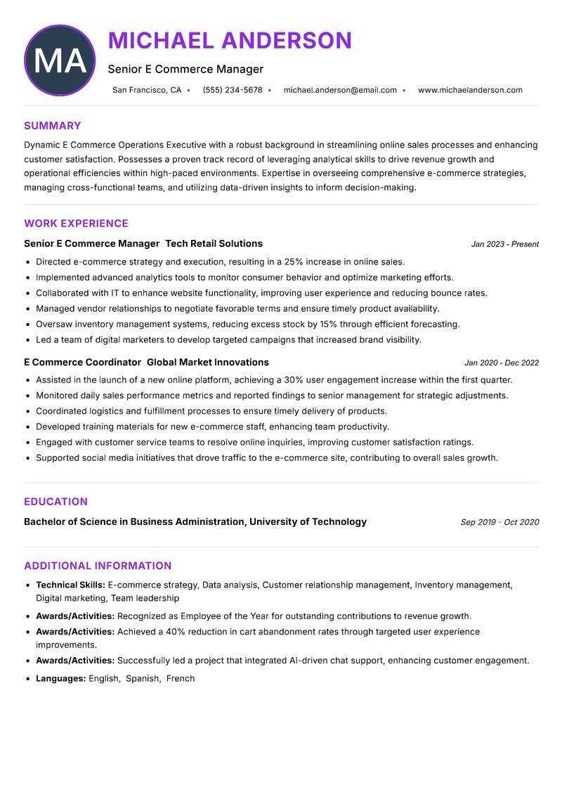 E Commerce Operations Executive resume example
