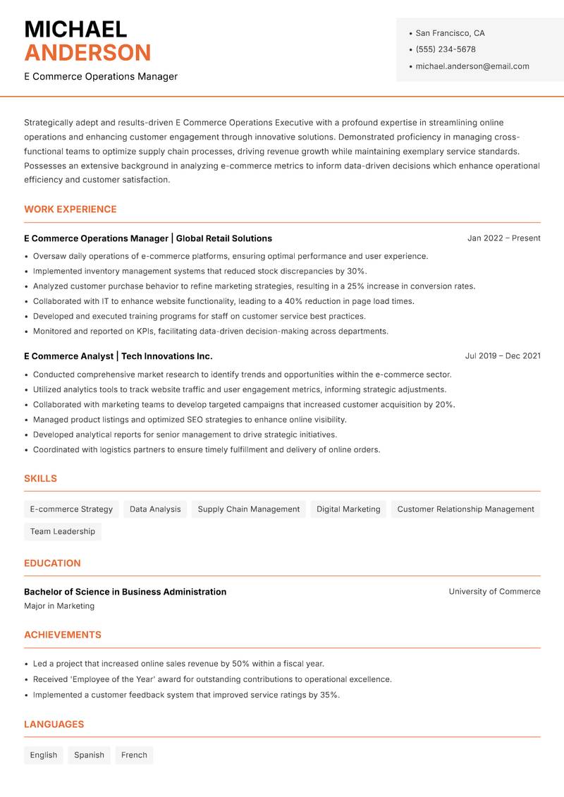 E Commerce Operations Executive resume sample — E Commerce Operations Manager focus