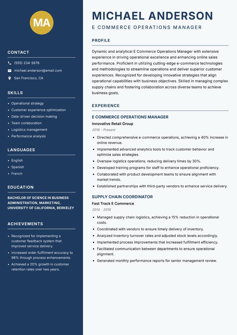 E Commerce Operations Manager resume sample — E Commerce Operations Manager focus