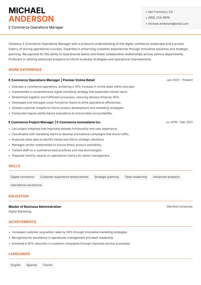 E Commerce Operations Manager resume sample — E Commerce Operations Manager focus