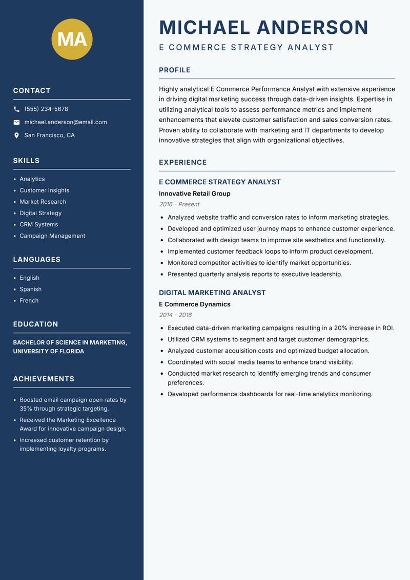 E Commerce Performance Analyst resume sample — E Commerce Strategy Analyst focus